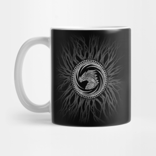 Dragon Mug - Dragon Coin and Roots - Grayscale on Dark by Sexpunk Chronicles